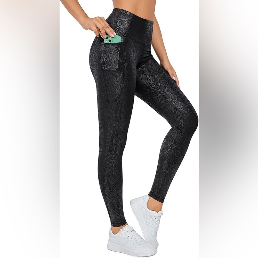 Snake print faux leather black leggings w pockets XS